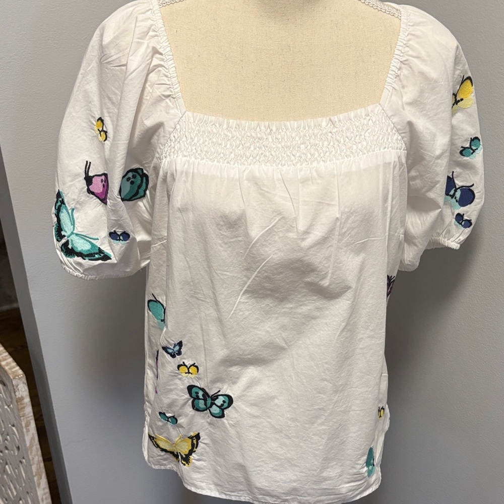 Talbots White Blouse with Multicolor Butterfly Embroidery